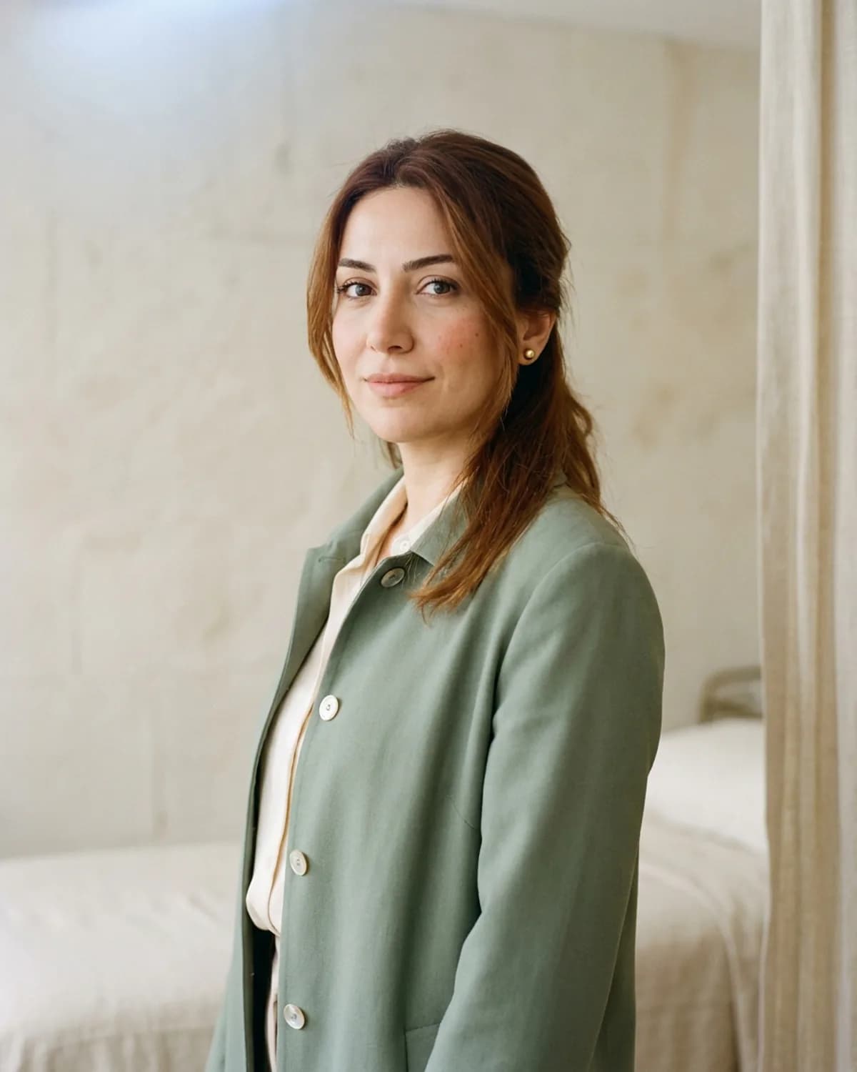 Buse Tanrıverdi, cilt uzmanı, 6 yıl deneyim, sage atelier coat, treatment area zemin, gold stud earring