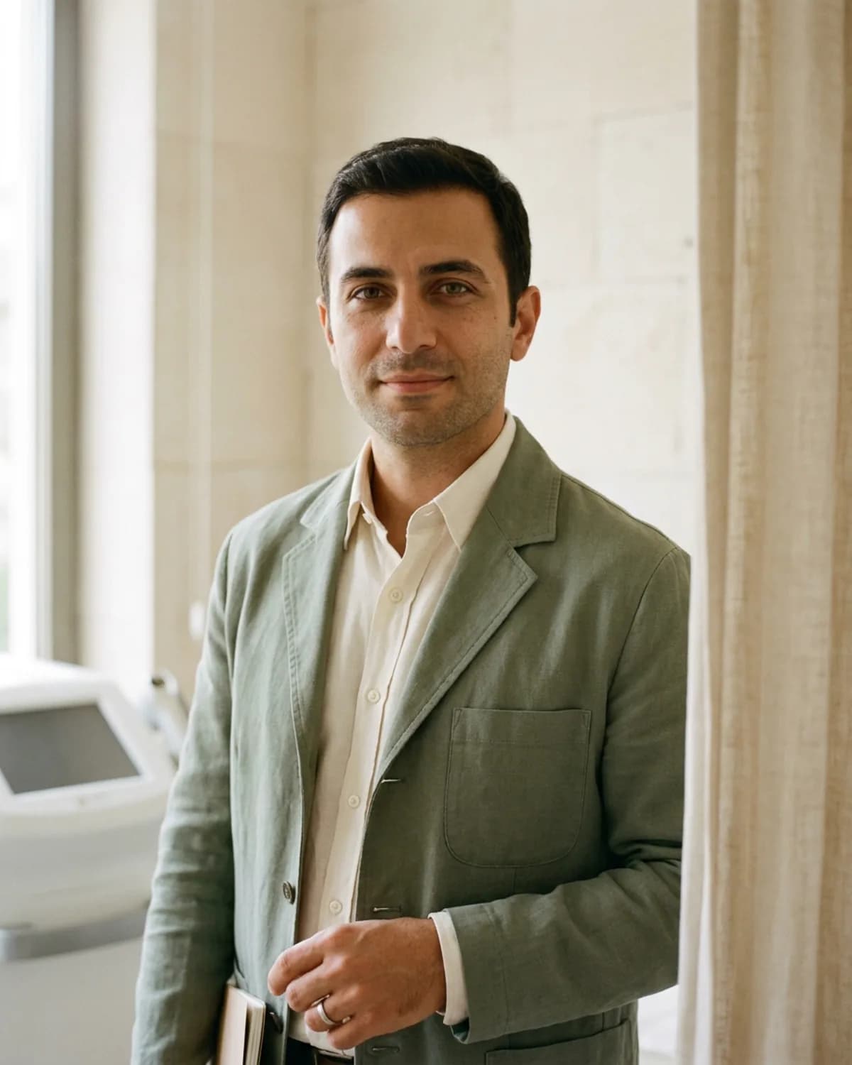 Mert Özdemir, lazer teknisyeni Bebek şubesi, 6 yıl deneyim, sage atelier coat, clean-shaven, silver wedding band