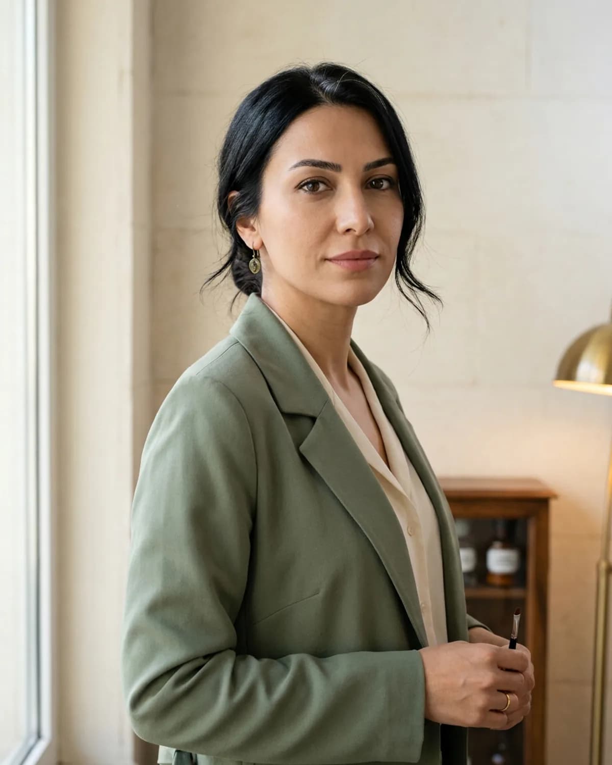 Selin Demir, kalıcı makyaj uzmanı, 7 yıl deneyim, sage atelier coat, loose chignon, brass artisan earring