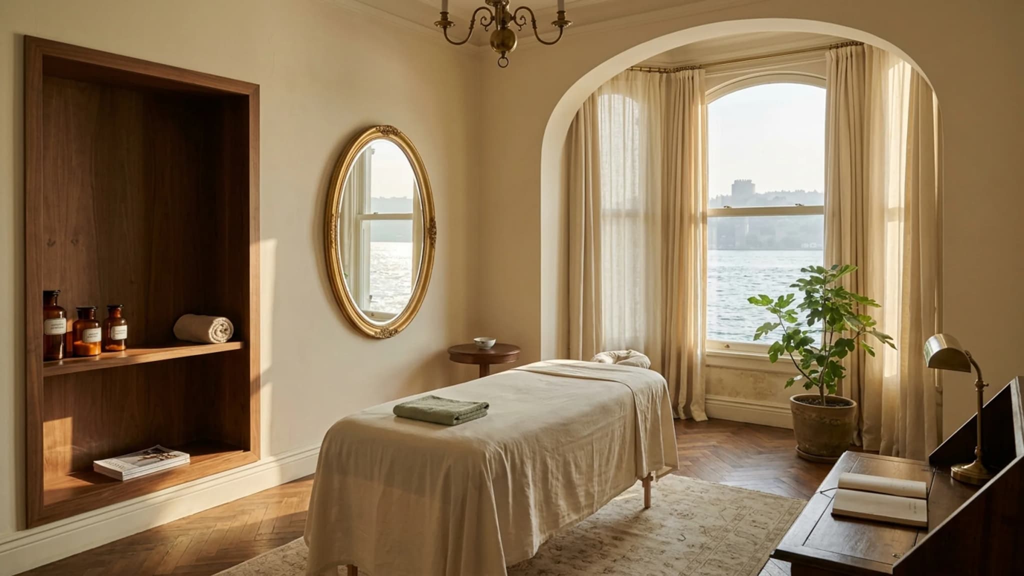 Bebek şubesi 320 m² kapsamlı stüdyo, Boğaz manzaralı bay window, treatment area, gilt mirror