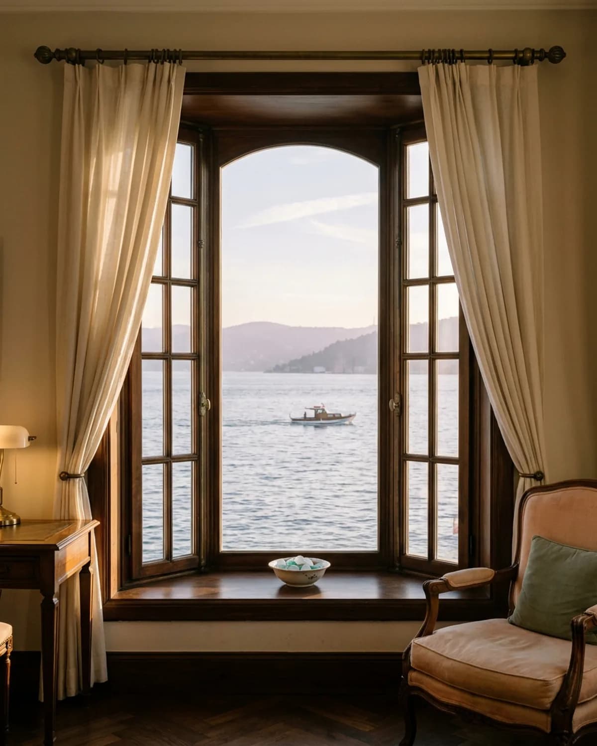 Bebek Boğaz manzaralı bay window, Anadolu Hisarı silueti, walnut sill sea-glass çakıl, USP boutique signal