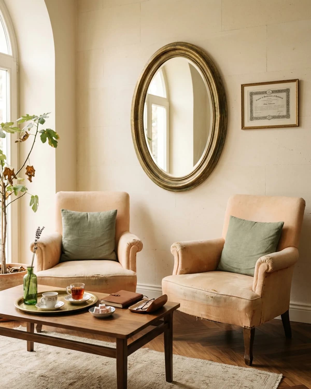 Bebek danışma alcove, vintage walnut armchair çifti, Türk çayı + lokum, antik gilt ayna