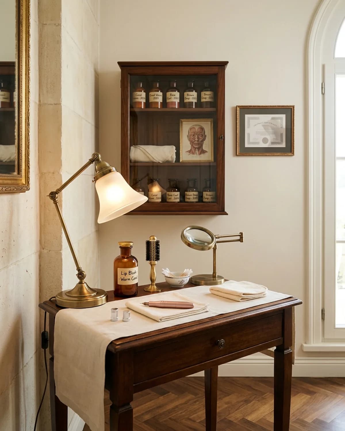 Bebek kalıcı makyaj atelier, walnut tools cabinet, brass desk lamp, apothecary pigment jars