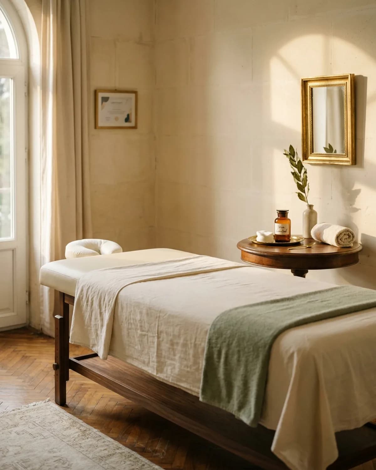 Bebek treatment odası, boutique cream linen yatak, sage hand towel, walnut side table apothecary tray