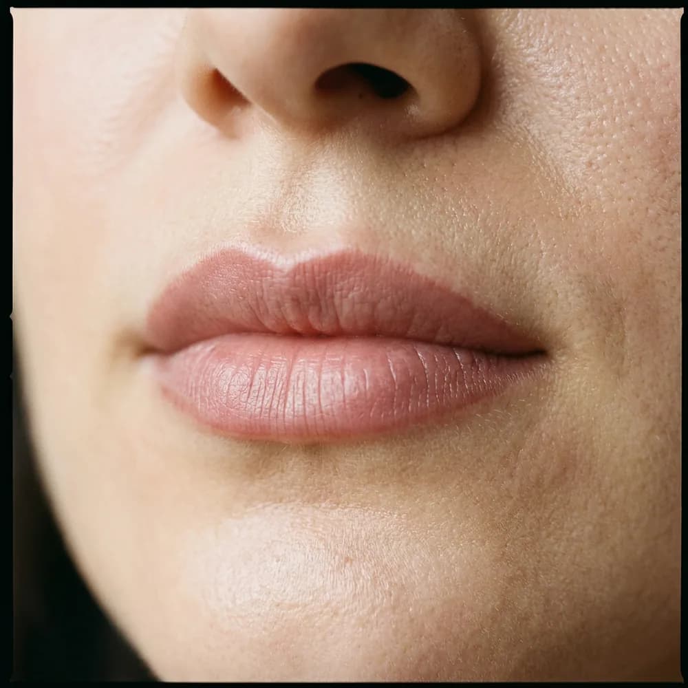 PMU lip blush 6 hafta sonra, natural pinkish-mauve dudak, soft border, dignified Türk shape