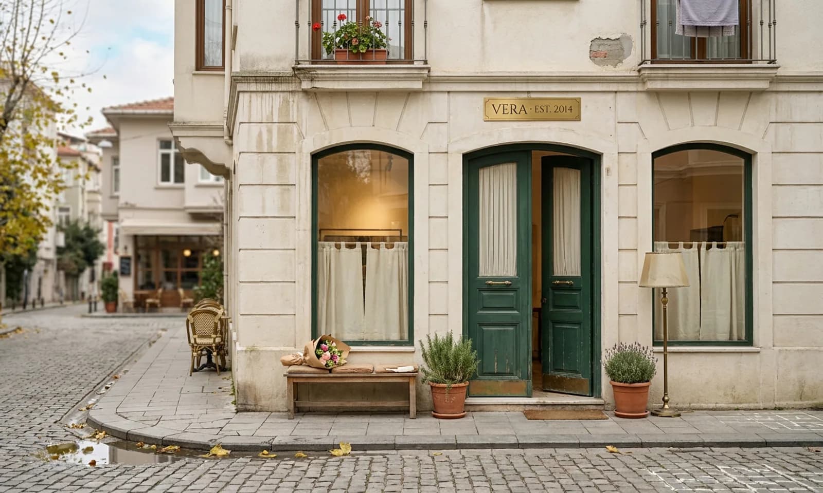 Vera Moda flagship dış cephe, Kadıköy Moda Caddesi, emerald ahşap kapı + brass tabela EST. 2014