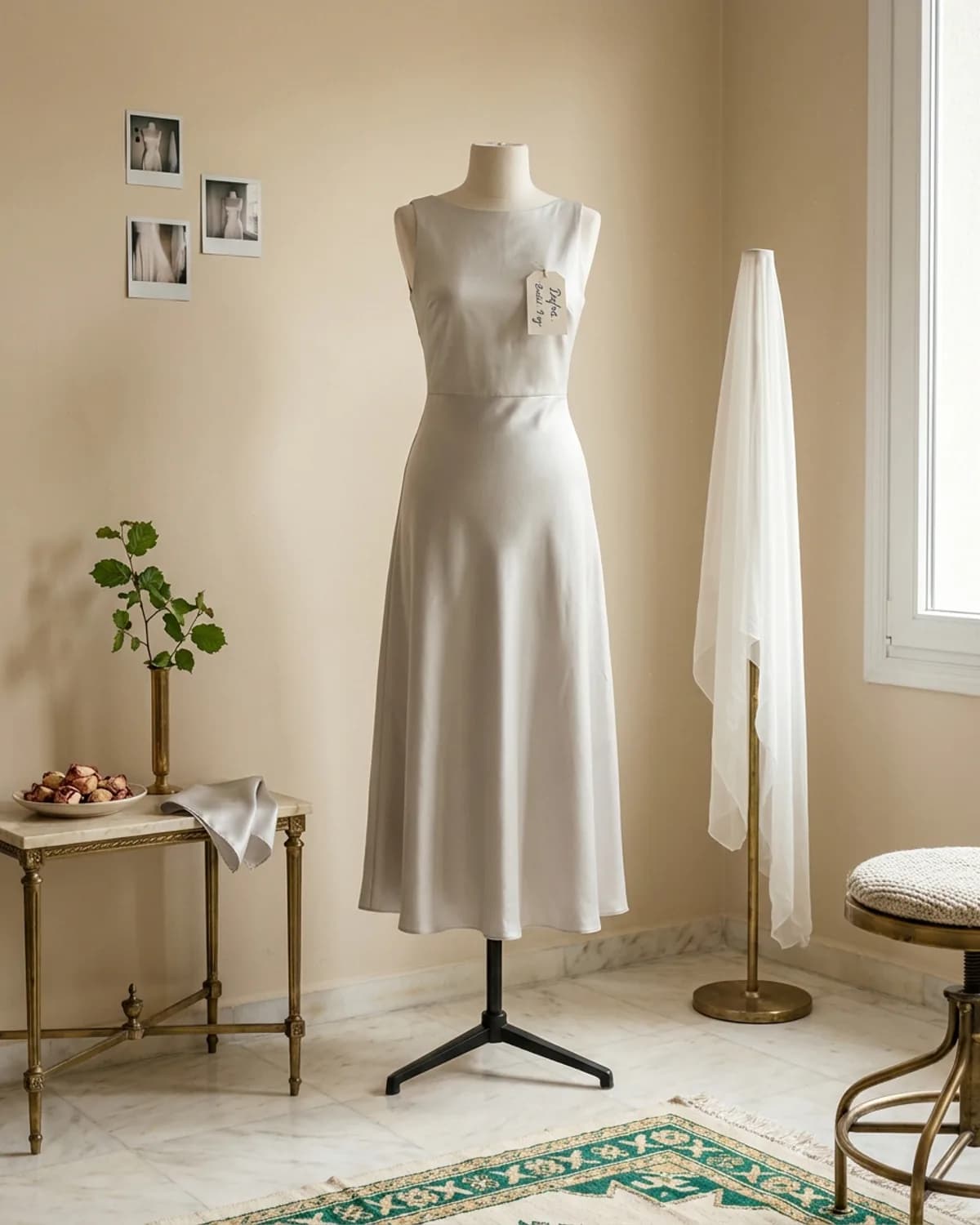 Gelin Paketi · Tam, bridal salon detail: silver-cream silk dress mannequin, chiffon veil, dried rose petals