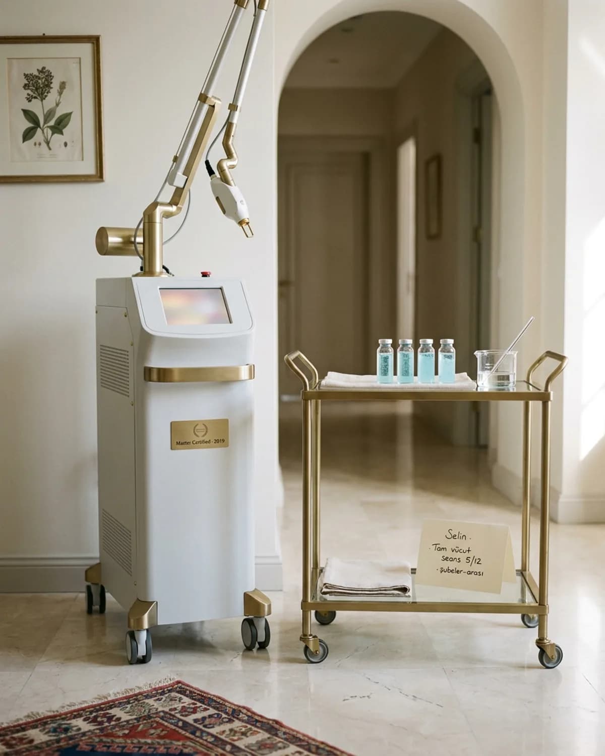 Lazer Epilasyon · Tam Vücut Paketi, Diode lazer cihazı, brushed brass cart, cooling gel vials