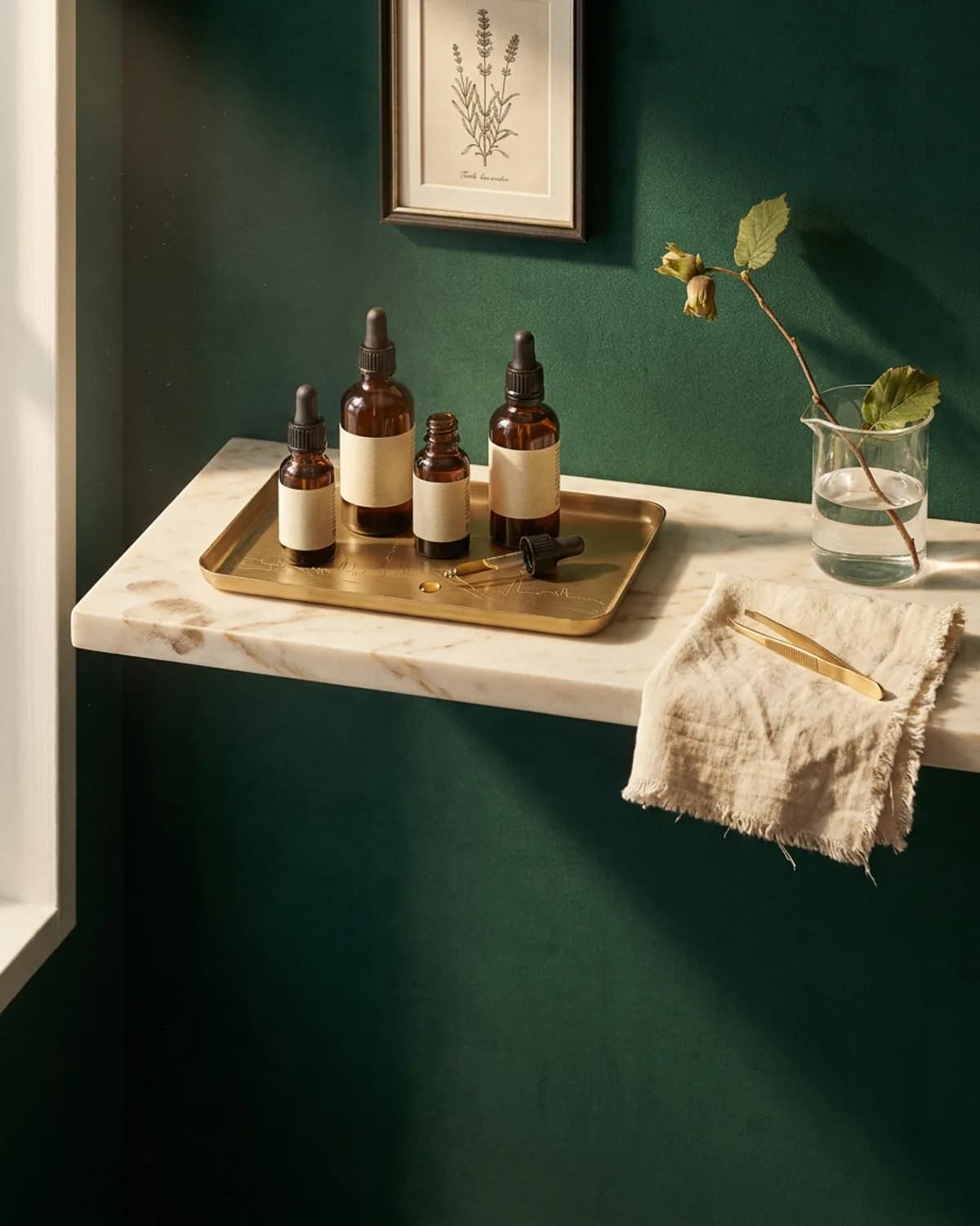 VIP Cilt Paketi, üst seviye skincare ritual still-life: marble shelf, brass tray, amber dropper bottles, hazelnut branch
