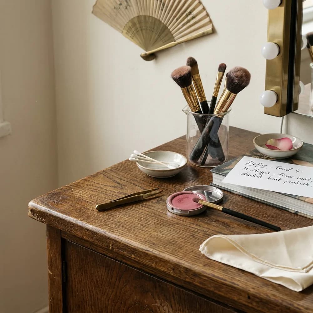 Gelin Denemesi, bridal trial vanity: 8 brass-ferrule brushes, half-applied dusty rose lip, handwritten Trial 4 note