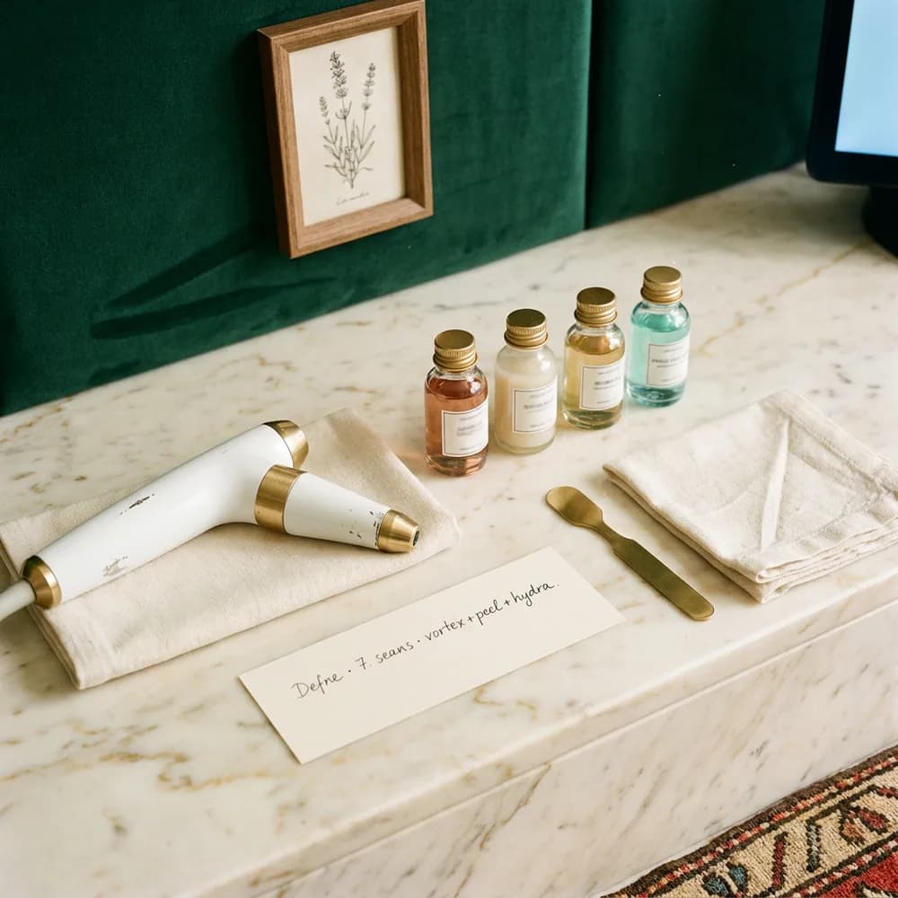Hidrafacial Deluxe, precision instrument: vortex handpiece, 4 serum vials, brass spatula, cream linen pad