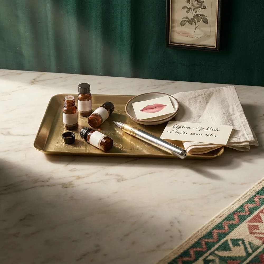 Kalıcı Makyaj · Dudak, PMU artist kit: amber pigment vials, brass tray, needle pen, dusty rose lip swatch