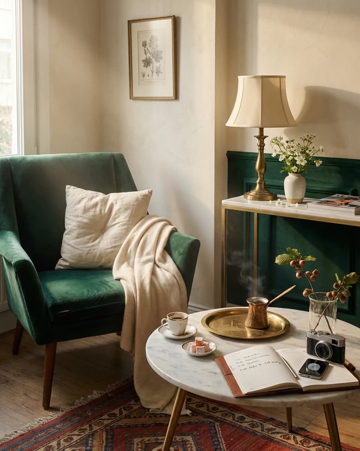 Vera Moda karşılama + konsültasyon köşesi, emerald velvet armchair, Türk kahvesi seti, Visia diagnostic