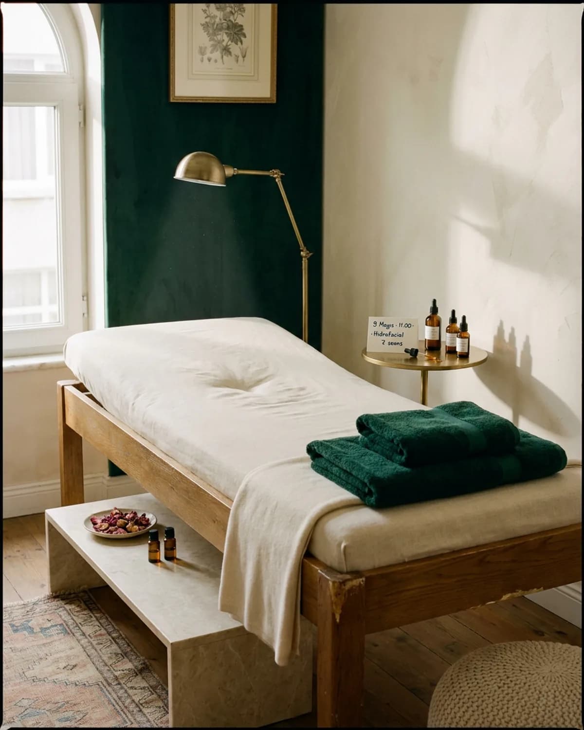 Vera Moda Treatment Odası A, krem keten yatak, emerald velvet havlu, Esthederm protokol kit